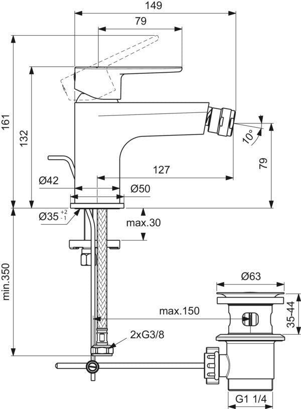 IDEAL STANDARD Bidetarmatur Cerafine O 132 mm mit Ablaufgarnitur in Chrom