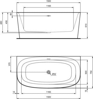 Ideal Standard D-Form-Badewanne Dea 1500x750x610mm Weiß für Wandanbindung