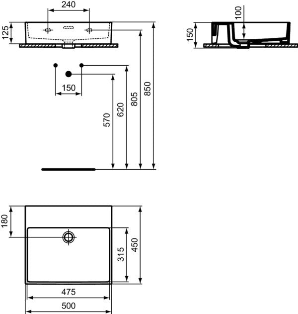 Ideal Standard Extra Aufsatzwaschtisch 500x450x150 mm Weiß ohne Hahnloch mit Überlauf