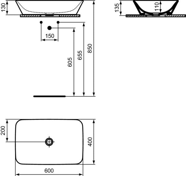 IDEAL STANDARD Connect Air Aufsatzwaschtisch 600x400x135mm Weiß, ohne Hahnloch, ohne Überlauf