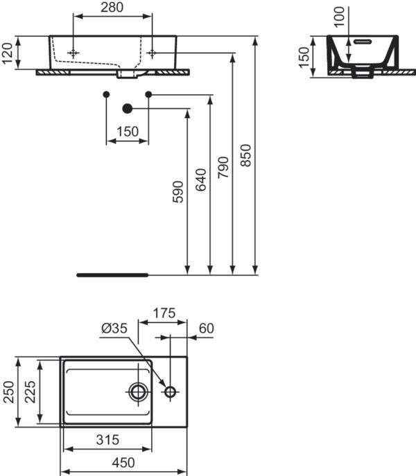 Ideal Standard Handwaschbecken Extra 450x250x150mm, 1 Hahnloch rechts, mit Überlauf, geschliffen, Weiß
