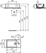 Ideal Standard Handwaschbecken Extra 450x250x150mm, 1 Hahnloch rechts, mit Überlauf, geschliffen, Weiß
