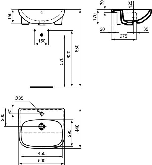 Ideal Standard i.life A Halbeinbauwaschtisch 500x440mm Weiß, 1 Hahnloch, mit Überlauf