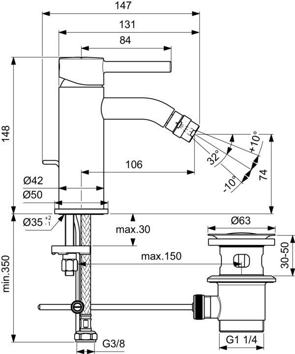 IDEAL STANDARD Ceraline Bidetarmatur mit Ablaufgarnitur, Chrom, 106 mm Ausladung