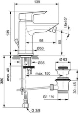 Ideal Standard Bidetarmatur Tesi Chrom 95 mm mit Ablaufgarnitur und Heißwasser-Sparfunktion