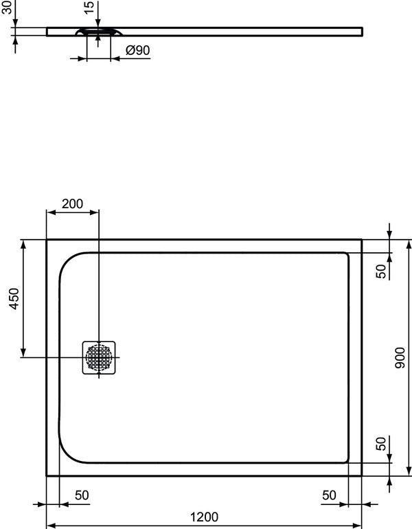 Ideal Standard Ultra Flat S Rechteck-Brausewanne 1200x900x30 mm Carraraweiß Mineralguss