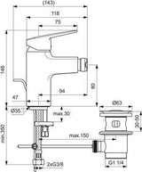 Ideal Standard Ceraplan Bidetarmatur mit Ablaufgarnitur, 94 mm Ausladung, Chrom