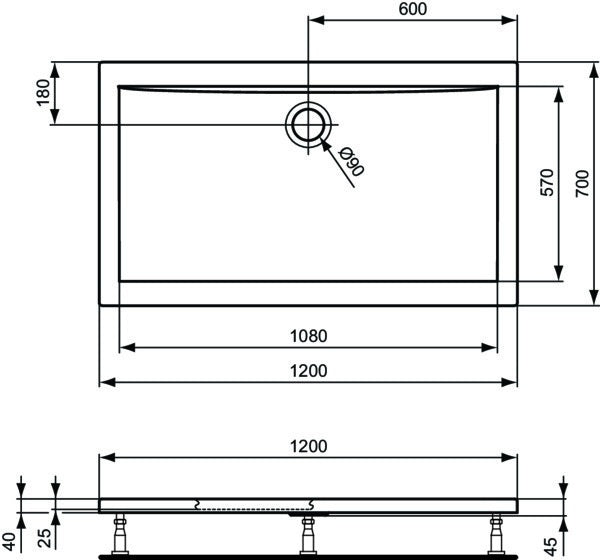 IDEAL STANDARD Ultra Light Rechteck-Brausewanne 900x700x45 mm Weiß – ultraflach