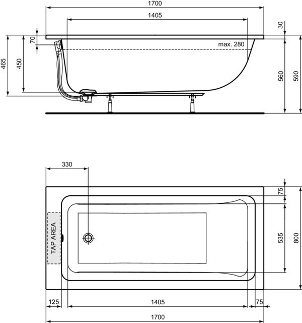 Ideal Standard Duo-Badewanne La Dolce Vita 2000x1000 mm Weiß – Rechteckige Einbauwanne mit 435 l Inhalt