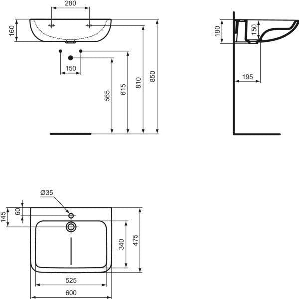 Ideal Standard Waschtisch Contour 21+ SmartGuard 600 mm Weiß, 1 Hahnloch, ohne Überlauf