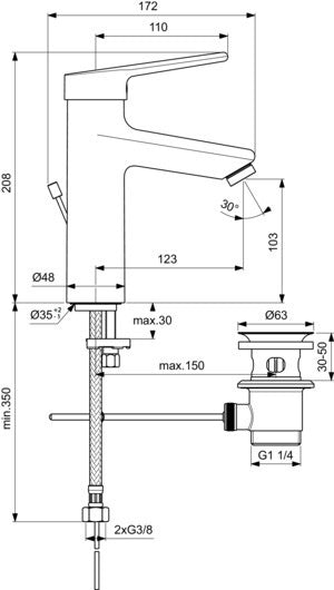 Ideal Standard Ceraplus Grande Waschtischarmatur mit Ablaufgarnitur – Chrom, 123 mm Ausladung, Einhandhebel