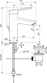 Ideal Standard Ceraplus Grande Waschtischarmatur mit Ablaufgarnitur – Chrom, 123 mm Ausladung, Einhandhebel