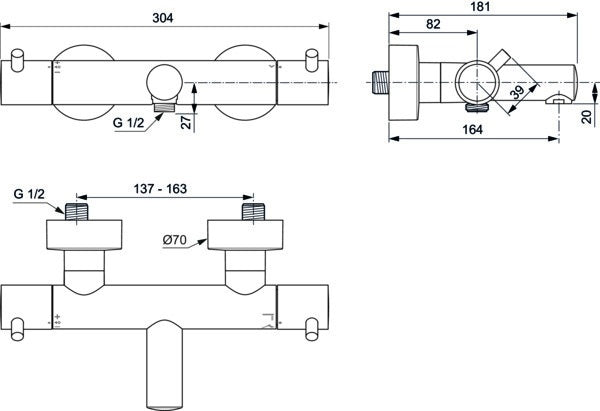 Ideal Standard Badethermostat AP Ceratherm T125 mit Pin-Griffen in Chrom – Aufputz DN 15