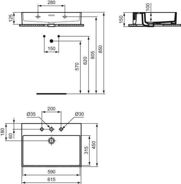 Ideal Standard Waschtisch Extra 615 mm, 3 Hahnlöcher, mit Überlauf, geschliffen Weiß