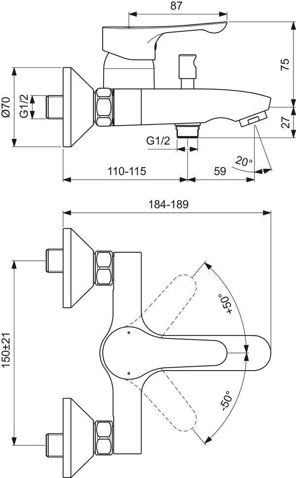 IDEAL STANDARD Badearmatur Alpha Chrom – Wandmontage, Einhandhebelmischer mit Umsteller