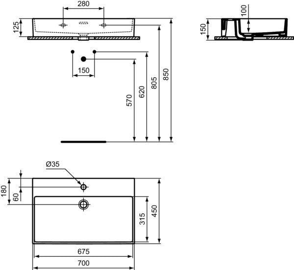 Ideal Standard Waschtisch Extra 700x450x150mm geschliffen Weiß mit 1 Hahnloch und Überlauf