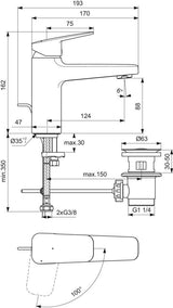 Ideal Standard Ceraplan H90 Waschtischarmatur mit Ablaufgarnitur 124 mm BlueStart Chrom