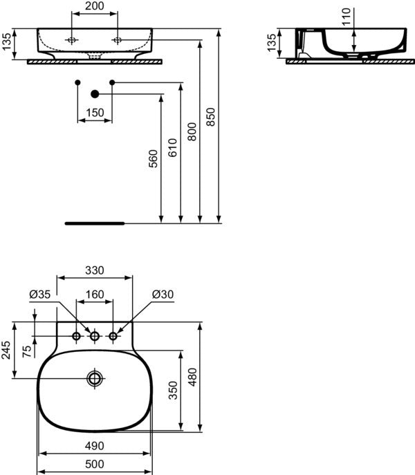 Ideal Standard Waschtisch Linda-X 500x480x135mm geschliffen Weiß mit 3 Hahnlöchern ohne Überlauf