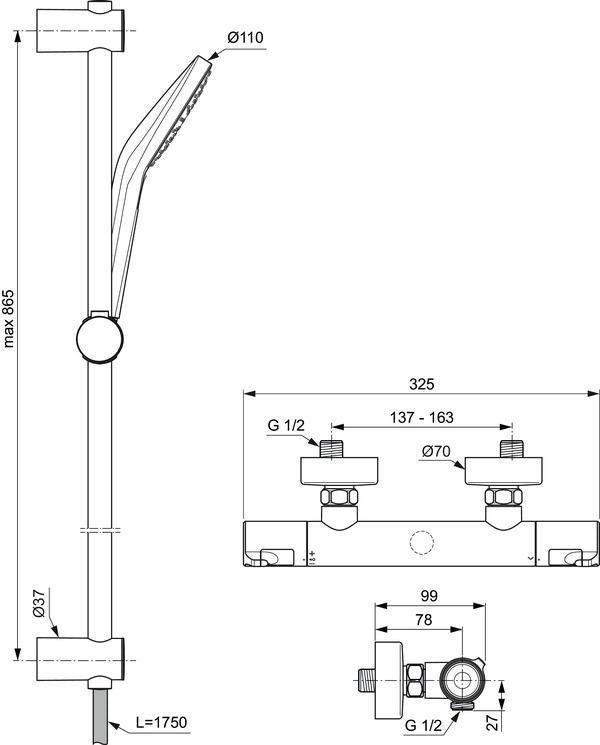 Ideal Standard Ceratherm T50 Brausethermostat mit 900 mm Brausestange und 3-Funktions-Handbrause in Chrom