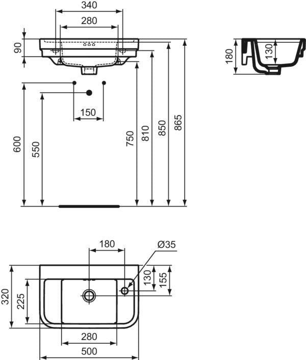 Ideal Standard Handwaschbecken Calla 500x320x180mm Weiß 1 Hahnloch rechts mit Überlauf