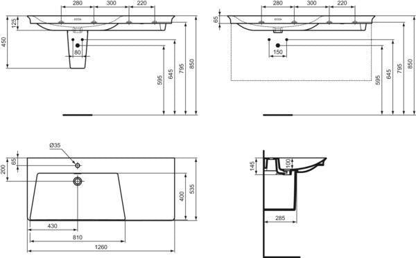 Ideal Standard Möbelwaschtisch La Dolce Vita 1260 mm, 1 Hahnloch, Überlauf, Ablage rechts, Weiß