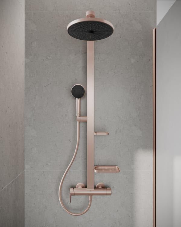 IDEAL STANDARD Duschsystem Ceraflow Alu+ mit Brausearm, 2 Ablagen, 2-Funktions-Handbrause und Kopfbrause Rose
