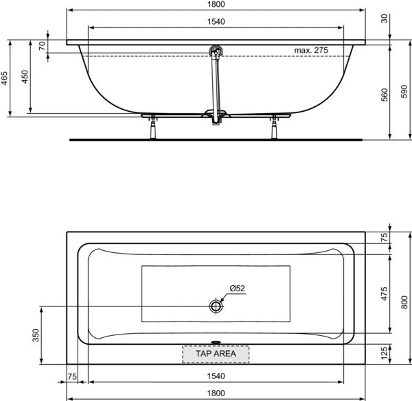 Ideal Standard Duo-Badewanne La Dolce Vita 2000x1000 mm Weiß – Rechteckige Einbauwanne mit 435 l Inhalt