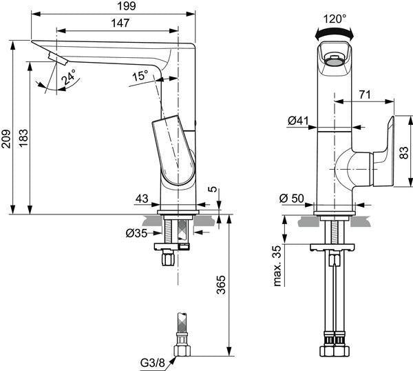 Ideal Standard Tesi Waschtischarmatur Chrom 147mm ohne Ablaufgarnitur