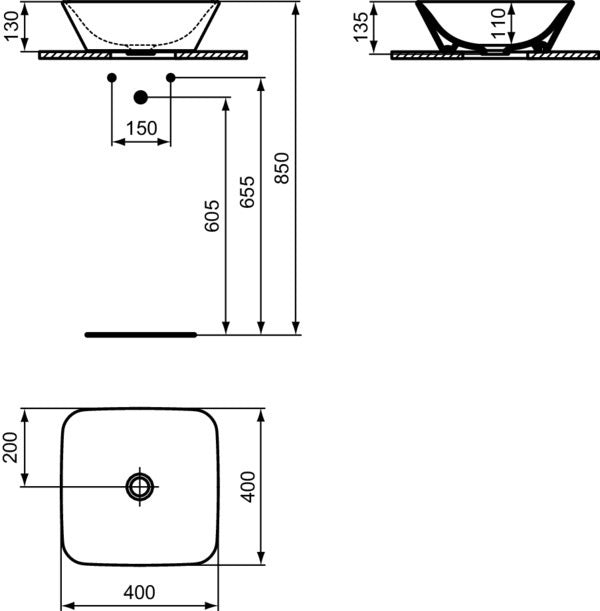 Ideal Standard Connect Air Aufsatzwaschtisch 400x400x135 mm Weiß, quadratisch, ohne Hahnloch & Überlauf