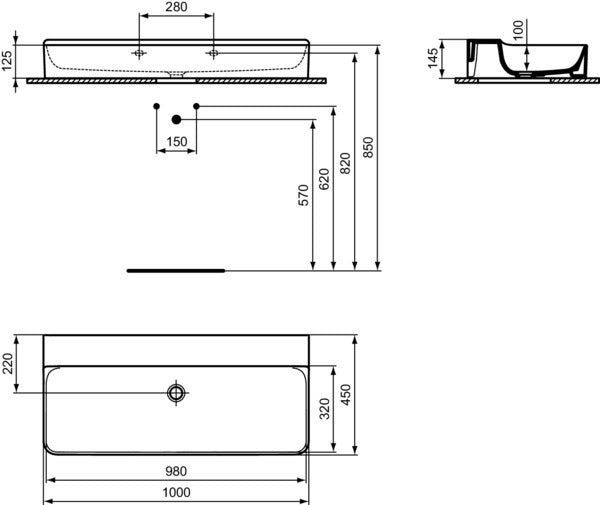 Ideal Standard Conca Aufsatzwaschtisch 1000x450x145mm Weiß ohne Hahnloch
