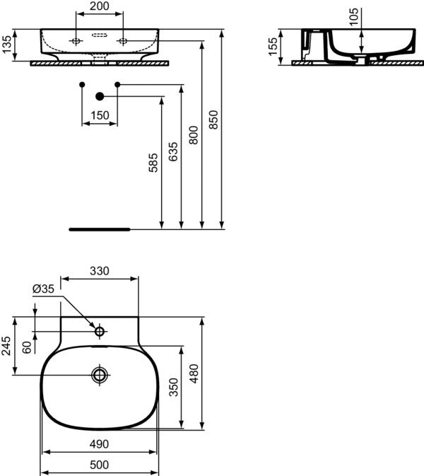 Ideal Standard Aufsatzwaschtisch Linda-X 500x480mm Weiß mit 1 Hahnloch & Überlauf