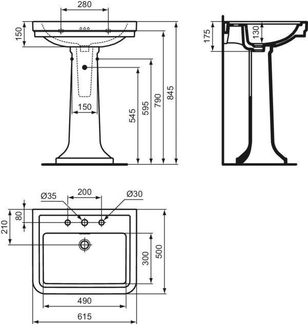 Ideal Standard Waschtisch Calla 3 Hahnlöcher mit Überlauf 715x500x175 mm Weiß