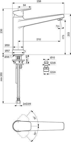 Ideal Standard Ceraplan Küchenarmatur mit Absperrventil, 210 mm Auslauf, Chrom