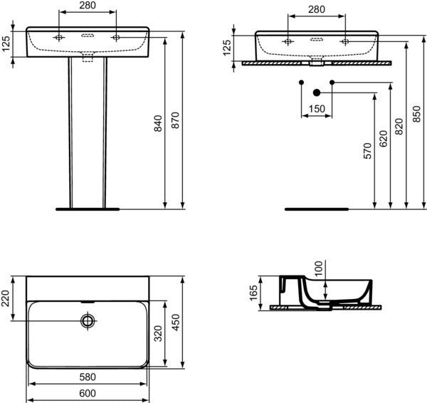 Ideal Standard Aufsatzwaschtisch Conca 600x450x165mm geschliffen Weiß ohne Hahnloch