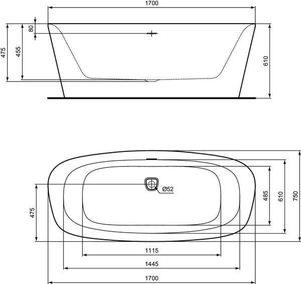 IDEAL STANDARD Duo-Badewanne DEA freistehend 170x75x47/61cm Schwarz Matt mit Ablauf