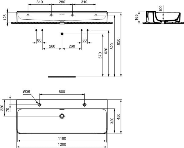 IDEAL STANDARD Conca Doppelwaschtisch 1200 mm, weiß, geschliffen, mit Überlauf