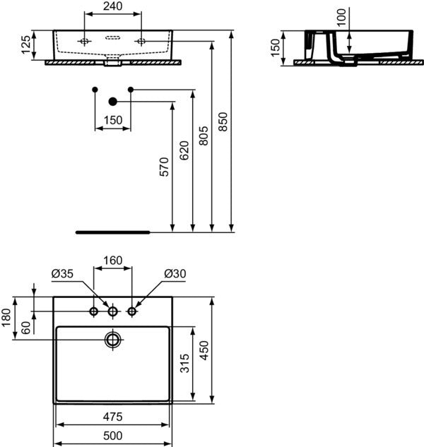 IDEAL STANDARD Waschtisch Extra 500x450x150mm Weiß mit 3 Hahnlöchern und Überlauf