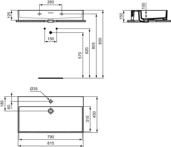 Ideal Standard Extra Aufsatzwaschtisch 815 mm, 1 Hahnloch, mit Überlauf, geschliffen Weiß