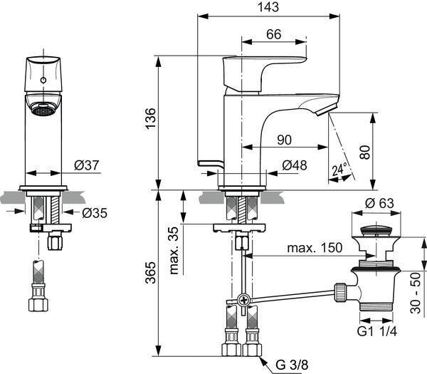 Ideal Standard Connect Air Waschtischarmatur Piccolo 5 l/min mit Ablaufgarnitur, 90 mm Ausladung, Chrom