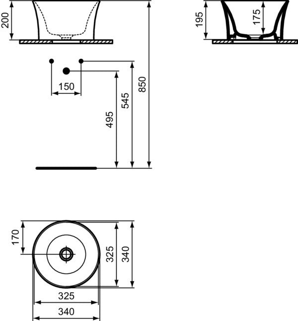 Ideal Standard La Dolce Vita Aufsatzwaschtisch 340 mm Weiß ohne Hahnloch und Überlauf