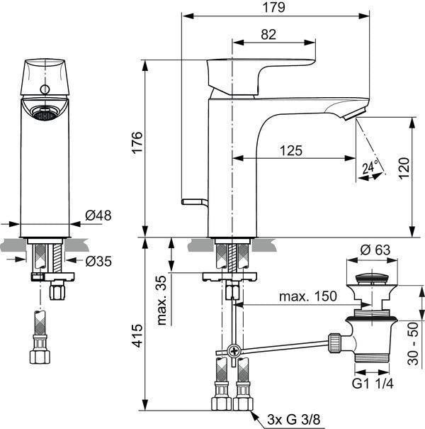 Ideal Standard Connect Air WT-Armatur Niederdruck, 125 mm Ausladung, Chrom – Push-Open-Ablauf