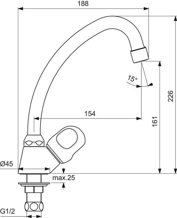 Ideal Standard Standventil Alpha, Ausladung 154 mm, Chrom – Hochwertiges Messing-Standventil