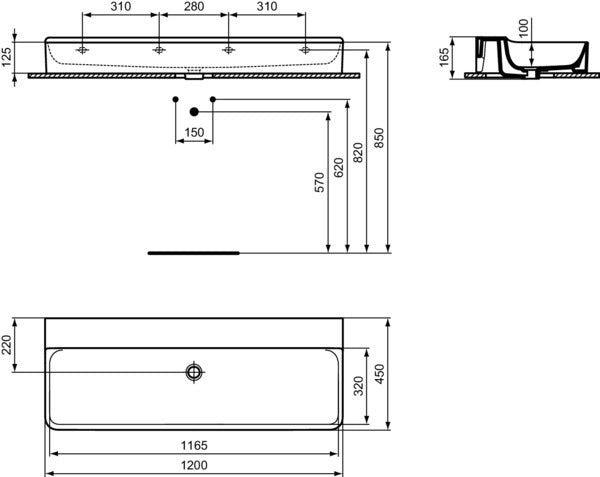 Ideal Standard Conca Aufsatzwaschtisch 1200x450x145mm geschliffen Weiß ohne Hahnloch