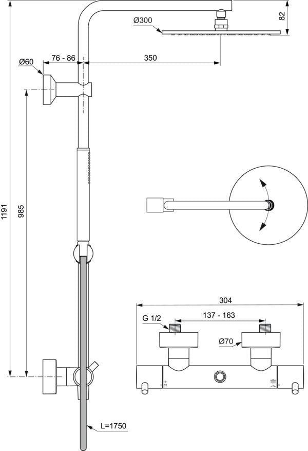 Ideal Standard Ceratherm T125 Duschsystem mit Badethermostat, Pin-Griffen und 300 mm Regenbrause in Chrom