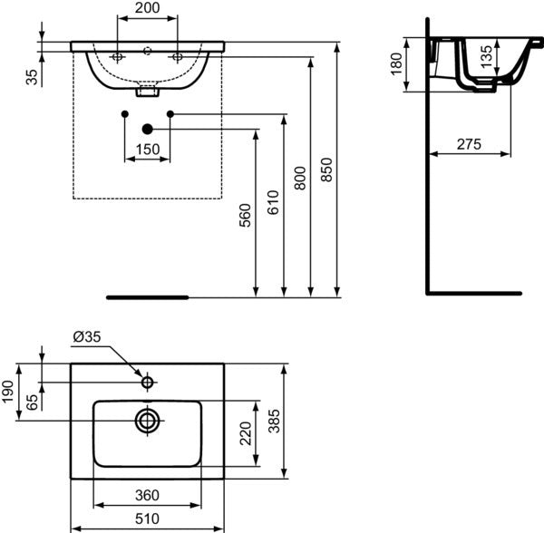 Ideal Standard i.life S Möbelwaschtisch 510 mm, 1 Hahnloch, mit Überlauf, Weiß
