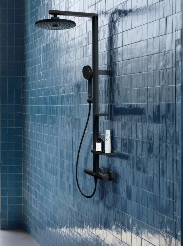 Ideal Standard Duschsystem Ceratherm Alu+ mit Thermostat, Kopf- und Handbrause, 2 Ablagen, Silber