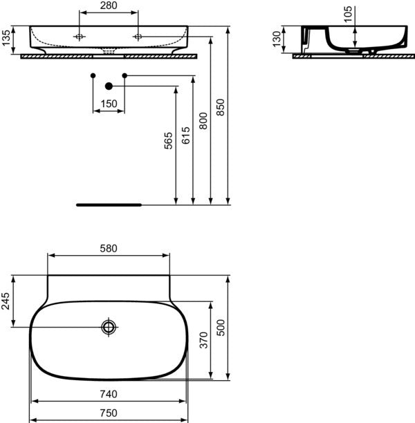 Ideal Standard Linda-X Aufsatzwaschtisch 750x500x135 mm Weiß ohne Hahnloch und Überlauf