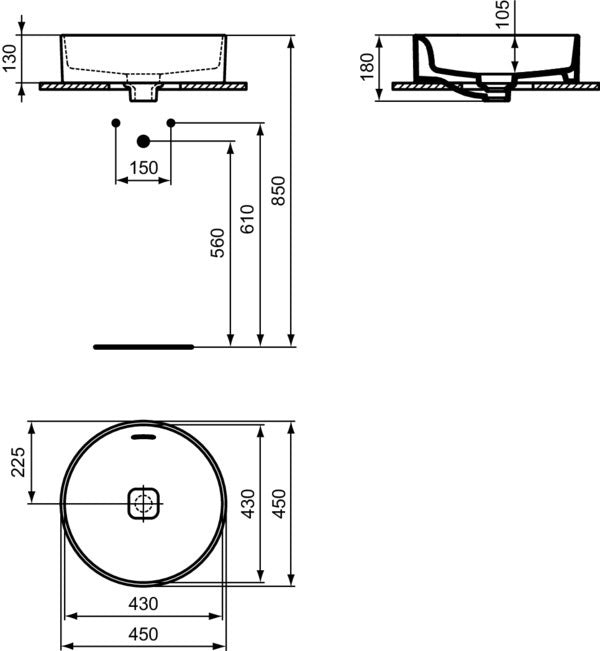 Ideal Standard Aufsatzwaschtisch Strada II 450x450x180mm Weiß ohne Hahnloch mit Überlauf