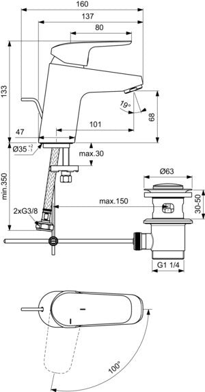 Ideal Standard Ceraflex Waschtischarmatur Chrom 101 mm mit Ablaufgarnitur und BlueStart