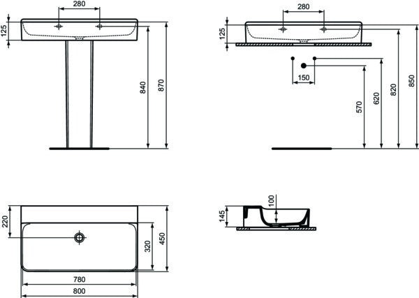 Ideal Standard Conca Aufsatzwaschtisch 800x450x145 mm Weiß ohne Hahnloch und Überlauf